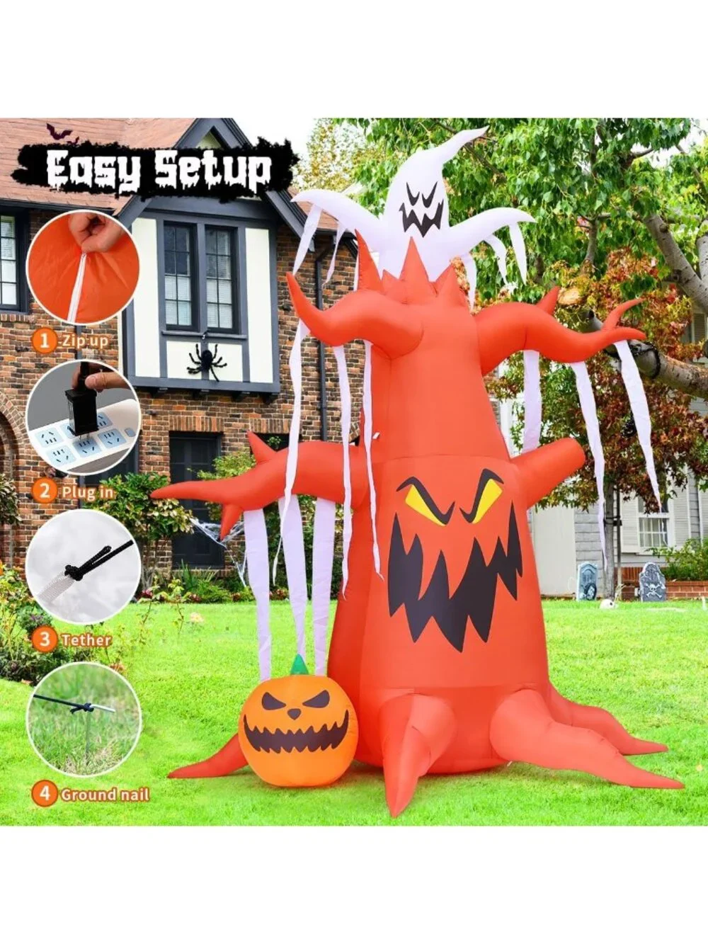 10 FT Halloween Inflatable Scary Tree with Pumpkin & Ghost, LED Yard Decor